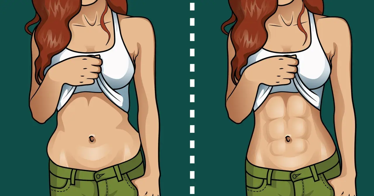 Przed i po: ilustracja pokazuje transformację brzucha, od zaokrąglonego do wyrzeźbionego. Dowiedz się, jak schudnąć z brzucha!