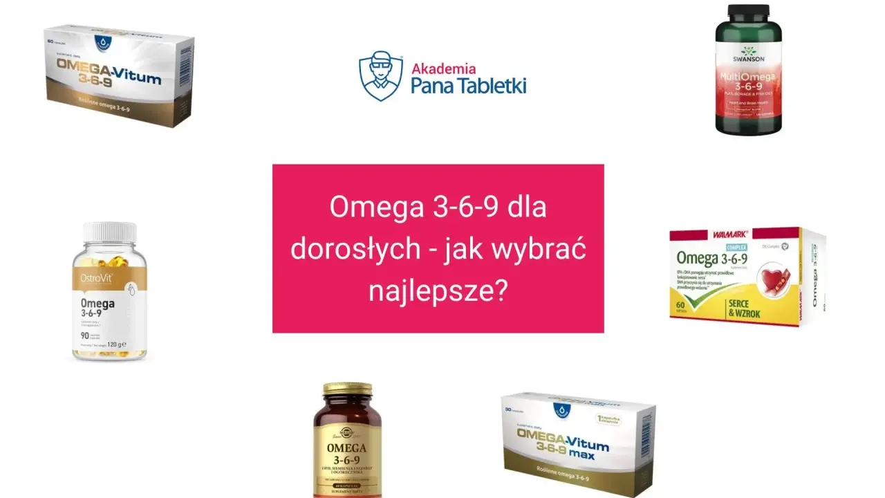 Różne suplementy diety z kwasami omega 3-6-9, w tym OMEGA-Vitum, OstroVit, Swanson i Walmark.