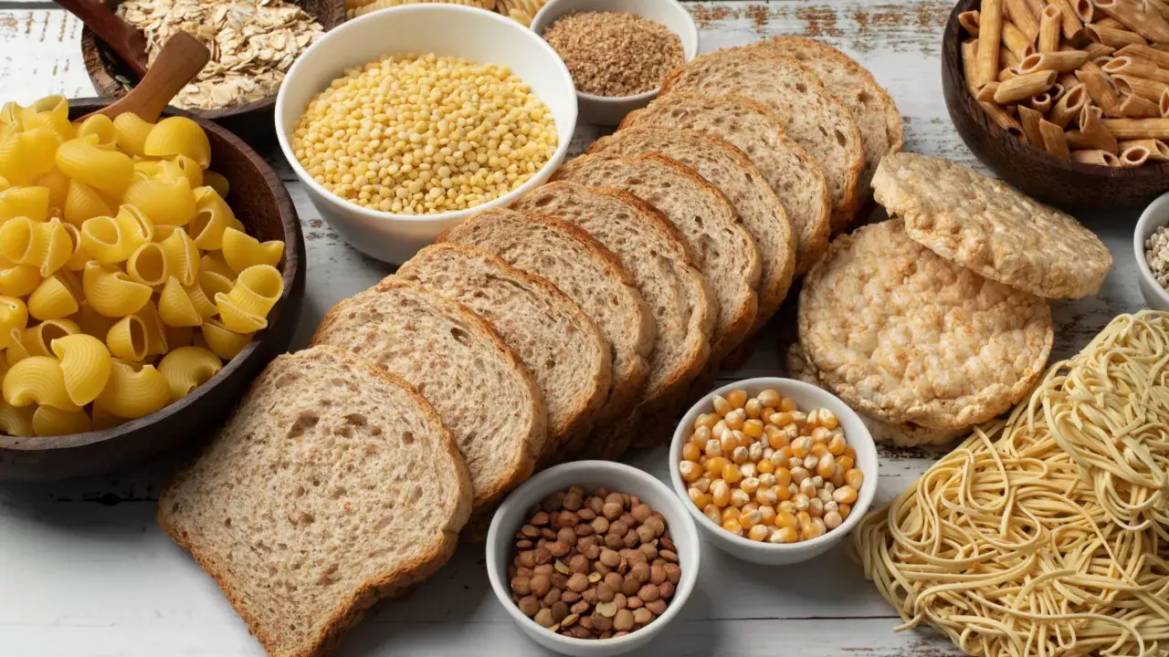 Stół pełen produktów, co ma dużo węglowodanów: makarony, płatki owsiane, chleb, ryż, kasza, kukurydza, soczewica.