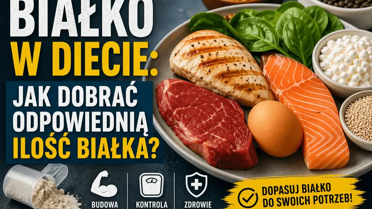 Białko w diecie to klucz do budowy mięśni, kontroli wagi i regeneracji. Na talerzu: wołowina, łosoś, kurczak, jajko, szpinak i nabiał.