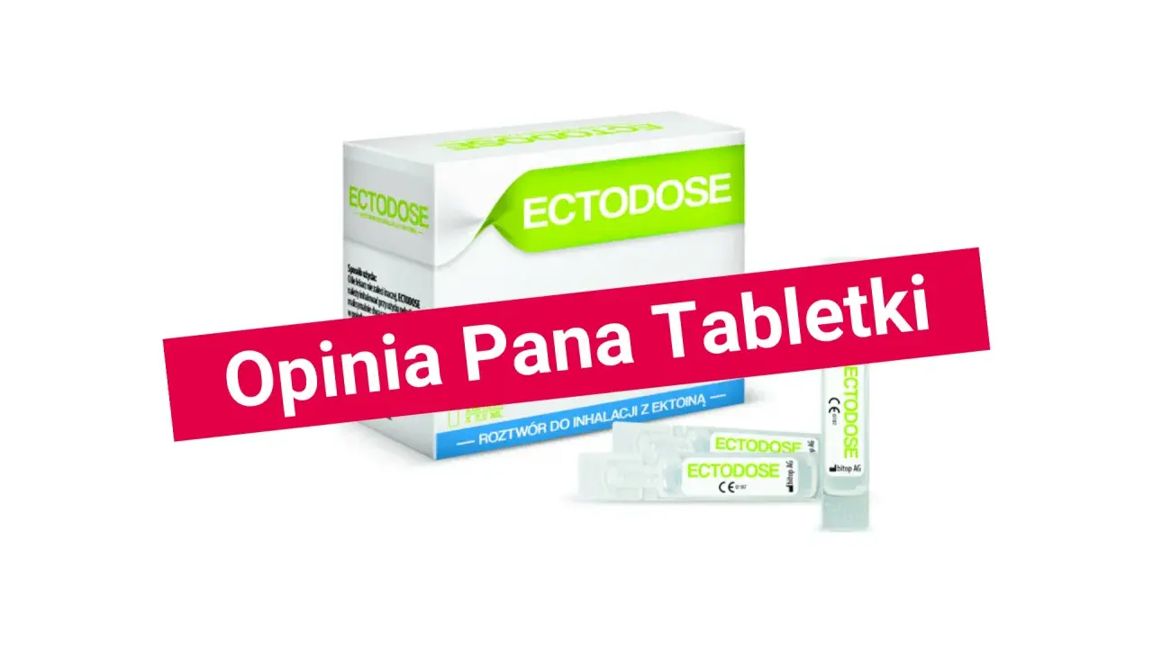 Opakowanie i ampułki Ectodose z ektoiną. Pan Tabletki poleca ten produkt.