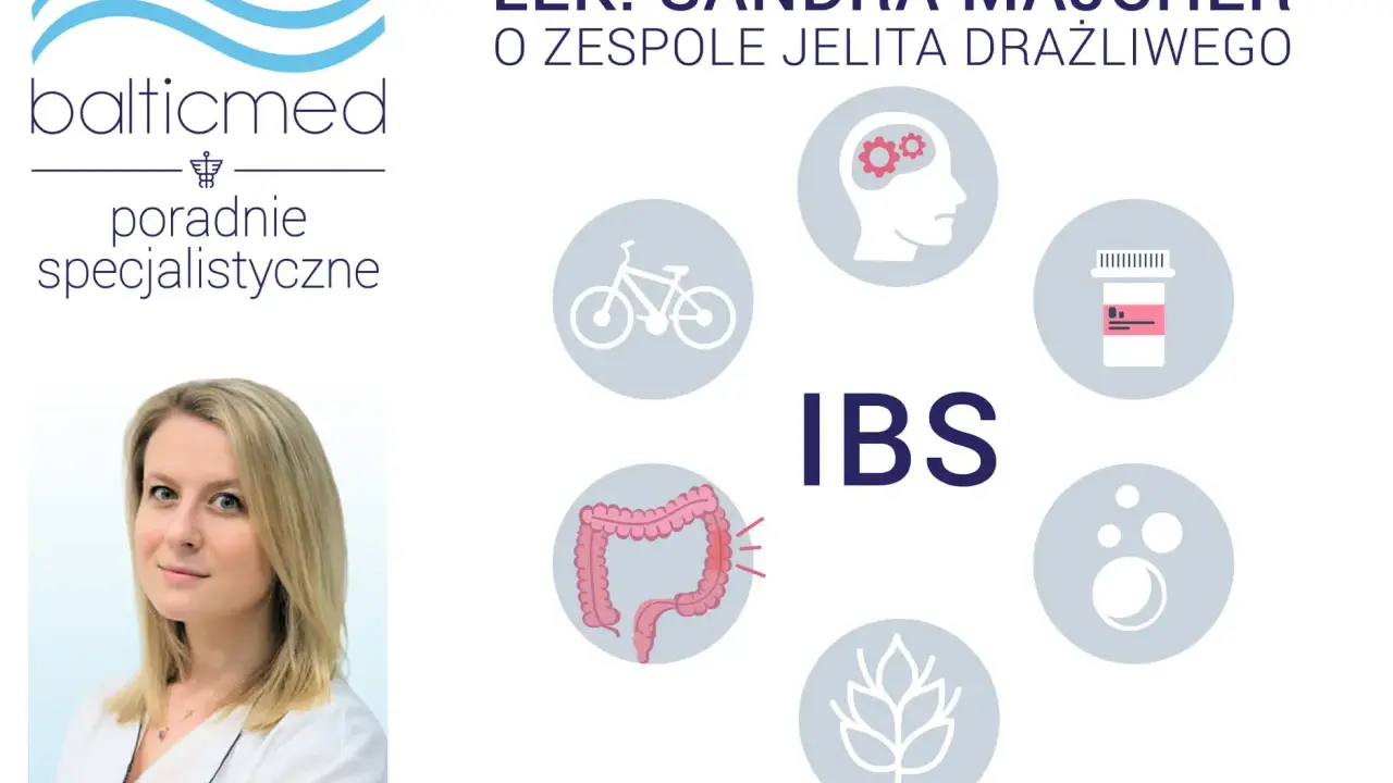 Lek. Sandra Majcher o zespole jelita drażliwego. Grafika przedstawia objawy IBS: jelito, mózg, rower, leki, pęcherzyki, zboże.