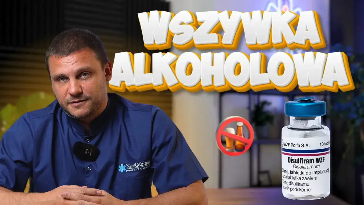 Mężczyzna w kitlu i buteleczka Disulfiramu WZF. Czy to esperal co to jest?