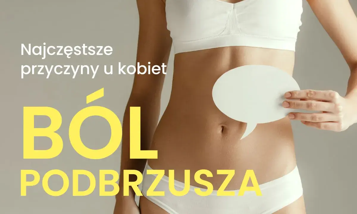 Ból podbrzusza u kobiet. Kobieta trzyma dymek nad brzuchem, symbolizując dyskomfort i pytania o jego przyczyny.
