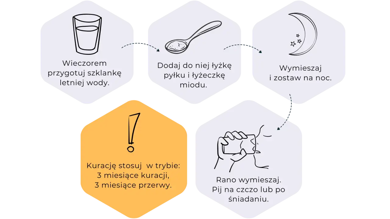 Wieczorem przygotuj wodę, dodaj pyłek pszczeli i miód. Wymieszaj, zostaw na noc. Rano pij na czczo. Stosuj 3 miesiące kuracji, 3 miesiące przerwy.