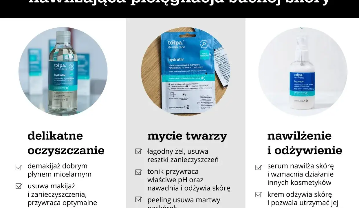 Pielęgnacja suchej skóry: płyn micelarny, maska nawilżająca i serum. Pomaga zwalczyć suchą skórę na twarzy.