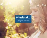 Kobieta w wianku z kwiatów, z tekstem "Wiesiołek... Olej dla kobiet?".