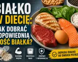 Białko w diecie to klucz do budowy mięśni, kontroli wagi i regeneracji. Na talerzu: wołowina, łosoś, kurczak, jajko, szpinak i nabiał.
