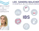 Lek. Sandra Majcher o zespole jelita drażliwego. Grafika przedstawia objawy IBS: jelito, mózg, rower, leki, pęcherzyki, zboże.