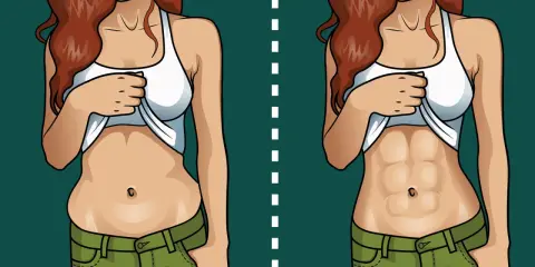 Przed i po: ilustracja pokazuje transformację brzucha, od zaokrąglonego do wyrzeźbionego. Dowiedz się, jak schudnąć z brzucha!