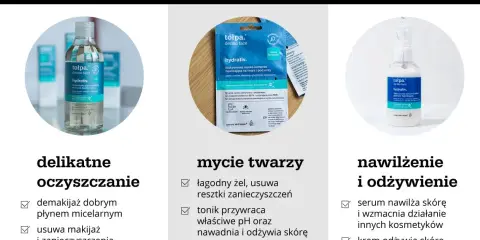 Pielęgnacja suchej skóry: płyn micelarny, maska nawilżająca i serum. Pomaga zwalczyć suchą skórę na twarzy.