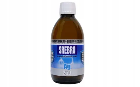 Butelka z płynem do płukania jamy ustnej, zawierającym srebro koloidalne do picia. Produkt oznaczony jako "SREBRO Ag 250".