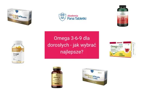 Różne suplementy diety z kwasami omega 3-6-9, w tym OMEGA-Vitum, OstroVit, Swanson i Walmark.