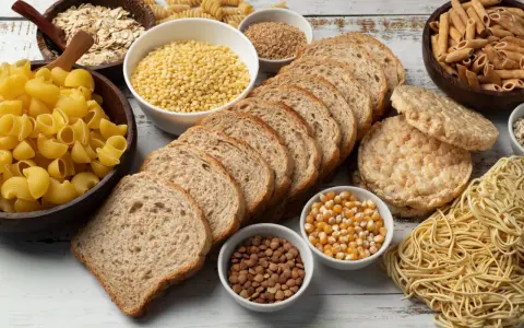 Stół pełen produktów, co ma dużo węglowodanów: makarony, płatki owsiane, chleb, ryż, kasza, kukurydza, soczewica.
