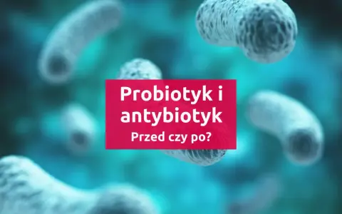 Probiotyk i antybiotyk: kiedy stosować? Grafika przedstawia bakterie w tle, z tekstem pytającym o kolejność przyjmowania probiotyku i antybiotyku.