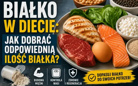 Białko w diecie to klucz do budowy mięśni, kontroli wagi i regeneracji. Na talerzu: wołowina, łosoś, kurczak, jajko, szpinak i nabiał.