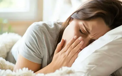 Kobieta w łóżku zakrywa usta dłonią, kaszląc. Czy zapalenie płuc jest zaraźliwe?