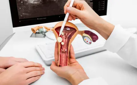 Lekarz pokazuje na modelu narządów rodnych, gdzie może występować nadżerka szyjki macicy, obok obrazu z USG.