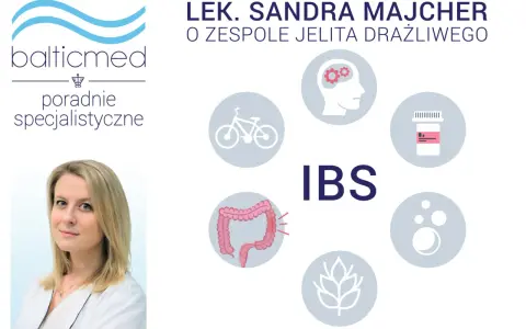 Lek. Sandra Majcher o zespole jelita drażliwego. Grafika przedstawia objawy IBS: jelito, mózg, rower, leki, pęcherzyki, zboże.