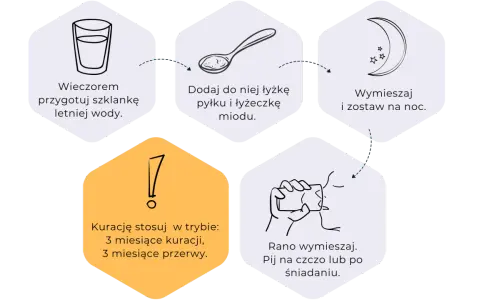Wieczorem przygotuj wodę, dodaj pyłek pszczeli i miód. Wymieszaj, zostaw na noc. Rano pij na czczo. Stosuj 3 miesiące kuracji, 3 miesiące przerwy.