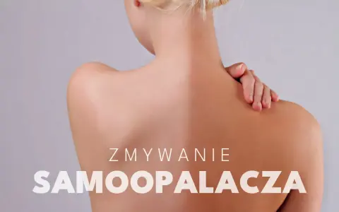 Kobieta z opalonymi plecami, tekst "Zmywanie samoopalacza". Dowiedz się, jak zmyć samoopalacz.