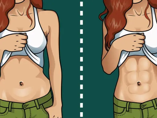 Przed i po: ilustracja pokazuje transformację brzucha, od zaokrąglonego do wyrzeźbionego. Dowiedz się, jak schudnąć z brzucha!