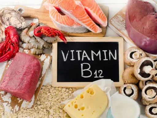 Produkty bogate w witaminę B12: wołowina, łosoś, krewetki, ostrygi, wątróbka, ser, grzyby, płatki owsiane.