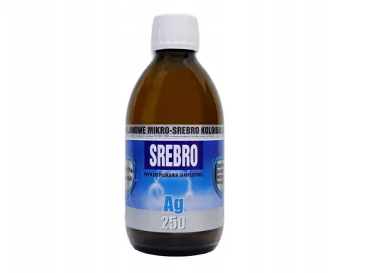 Butelka z płynem do płukania jamy ustnej, zawierającym srebro koloidalne do picia. Produkt oznaczony jako "SREBRO Ag 250".