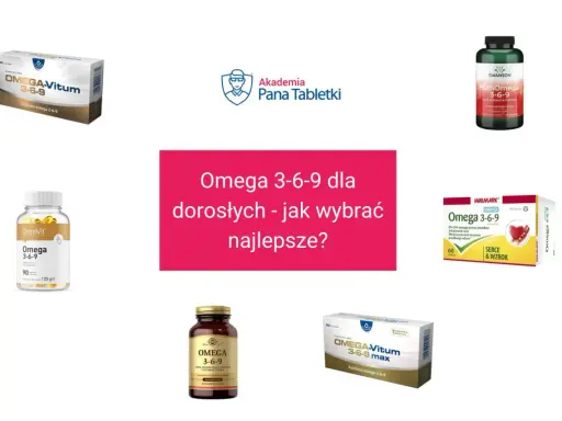 Różne suplementy diety z kwasami omega 3-6-9, w tym OMEGA-Vitum, OstroVit, Swanson i Walmark.