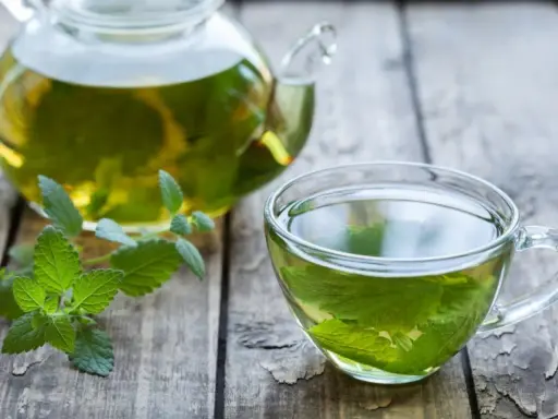 Aromatic melisa w szklanej filiżance i dzbanku, z gałązką świeżej melisy. Czy melisa obniża ciśnienie? Warto spróbować.
