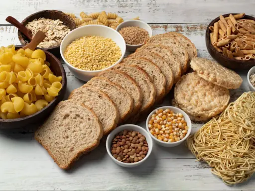 Stół pełen produktów, co ma dużo węglowodanów: makarony, płatki owsiane, chleb, ryż, kasza, kukurydza, soczewica.