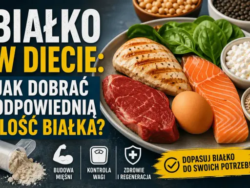 Białko w diecie to klucz do budowy mięśni, kontroli wagi i regeneracji. Na talerzu: wołowina, łosoś, kurczak, jajko, szpinak i nabiał.