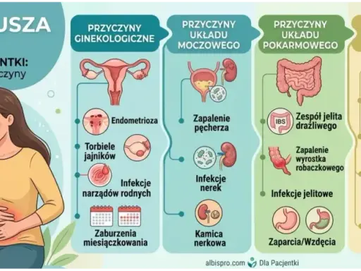 Ból jajnika przed okresem? Infekcje, torbiele, zaburzenia cyklu - grafika pokazuje przyczyny bólu podbrzusza u kobiet i kiedy iść do lekarza.