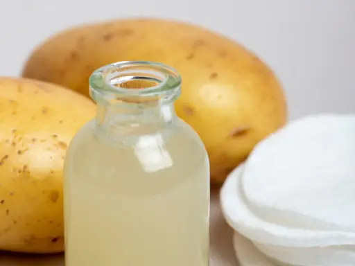 Naturalny sok z ziemniaka w buteleczce, obok surowych ziemniaków i wacików. Idealny do domowych zabiegów pielęgnacyjnych.