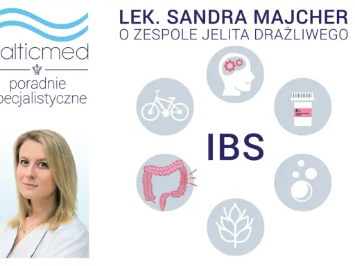 Lek. Sandra Majcher o zespole jelita drażliwego. Grafika przedstawia objawy IBS: jelito, mózg, rower, leki, pęcherzyki, zboże.