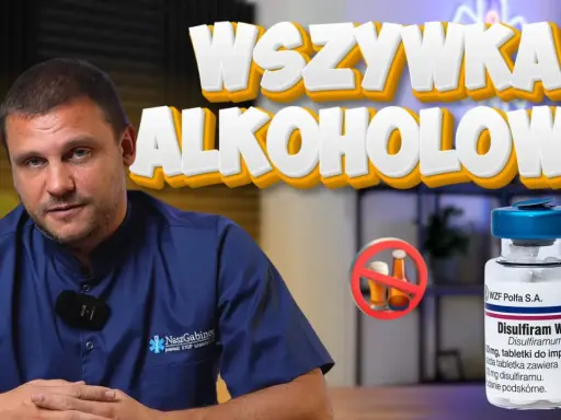 Mężczyzna w kitlu i buteleczka Disulfiramu WZF. Czy to esperal co to jest?