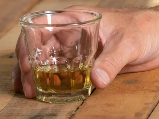Dłoń trzyma kieliszek z bursztynowym płynem. Czy alkohol podnosi ciśnienie? To pytanie nurtuje wielu, gdy sięgają po taki trunek.