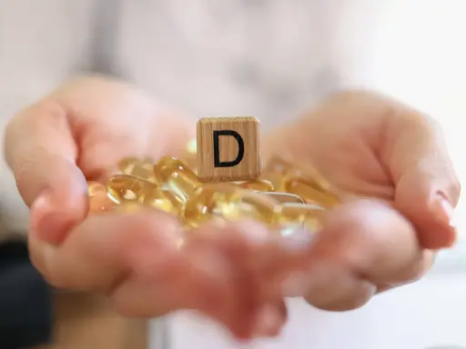 Dłonie trzymające kapsułki z witaminą D3. Drewniany klocek z literą "D" symbolizuje witamina d3 dawka uderzeniowa.