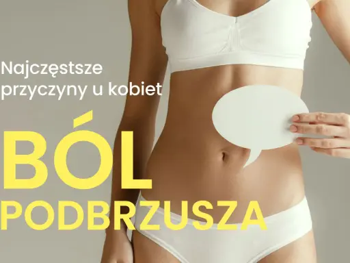 Ból podbrzusza u kobiet. Kobieta trzyma dymek nad brzuchem, symbolizując dyskomfort i pytania o jego przyczyny.