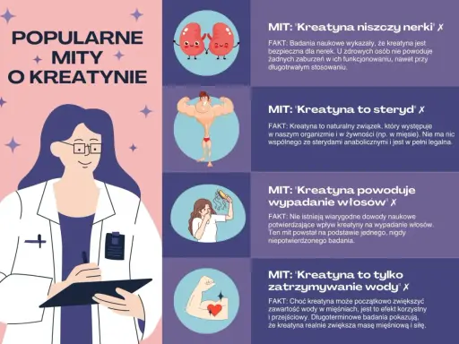 Lekarka obala mity o kreatynie: czy kreatyna jest zdrowa? Wyjaśnia, że nie niszczy nerek, nie jest sterydem, nie powoduje wypadania włosów ani nadmiernego zatrzymywania wody.
