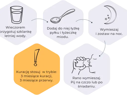 Wieczorem przygotuj wodę, dodaj pyłek pszczeli i miód. Wymieszaj, zostaw na noc. Rano pij na czczo. Stosuj 3 miesiące kuracji, 3 miesiące przerwy.