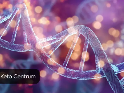 DNA helix w tle rozmytych świateł. Czy wiesz, co to autofagia i jak wpływa na organizm? Keto Centrum.