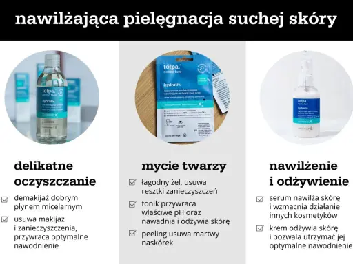 Pielęgnacja suchej skóry: płyn micelarny, maska nawilżająca i serum. Pomaga zwalczyć suchą skórę na twarzy.