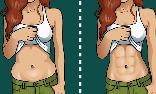 Przed i po: ilustracja pokazuje transformację brzucha, od zaokrąglonego do wyrzeźbionego. Dowiedz się, jak schudnąć z brzucha!