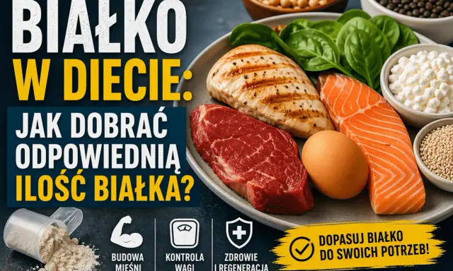 Białko w diecie to klucz do budowy mięśni, kontroli wagi i regeneracji. Na talerzu: wołowina, łosoś, kurczak, jajko, szpinak i nabiał.