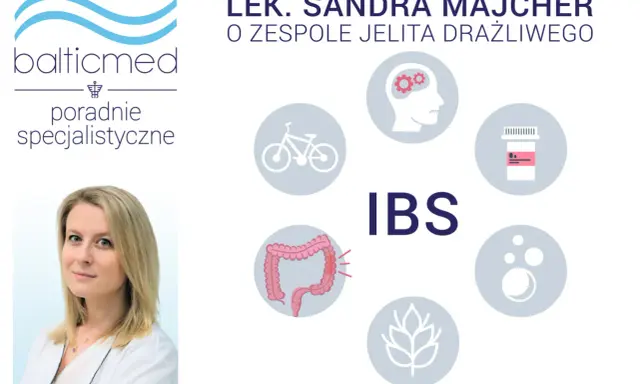 Lek. Sandra Majcher o zespole jelita drażliwego. Grafika przedstawia objawy IBS: jelito, mózg, rower, leki, pęcherzyki, zboże.