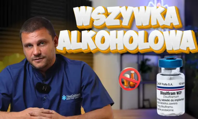 Mężczyzna w kitlu i buteleczka Disulfiramu WZF. Czy to esperal co to jest?
