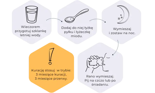 Wieczorem przygotuj wodę, dodaj pyłek pszczeli i miód. Wymieszaj, zostaw na noc. Rano pij na czczo. Stosuj 3 miesiące kuracji, 3 miesiące przerwy.