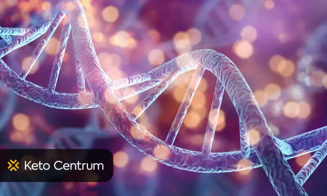 DNA helix w tle rozmytych świateł. Czy wiesz, co to autofagia i jak wpływa na organizm? Keto Centrum.