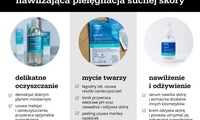 Pielęgnacja suchej skóry: płyn micelarny, maska nawilżająca i serum. Pomaga zwalczyć suchą skórę na twarzy.